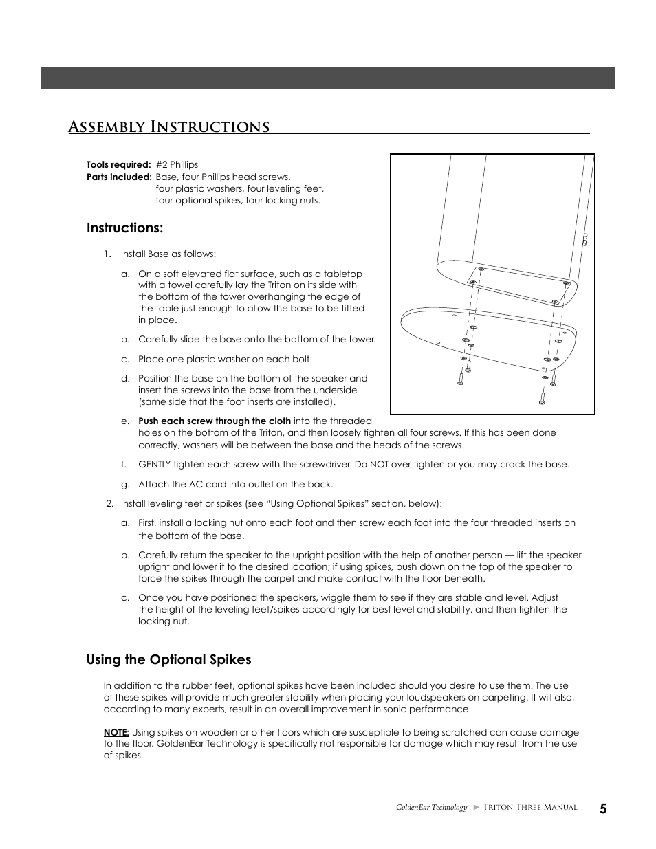 Assembly instructions, Instructions, Using the optional spikes | GoldenEar Triton Three User Manual | Page 5 / 16