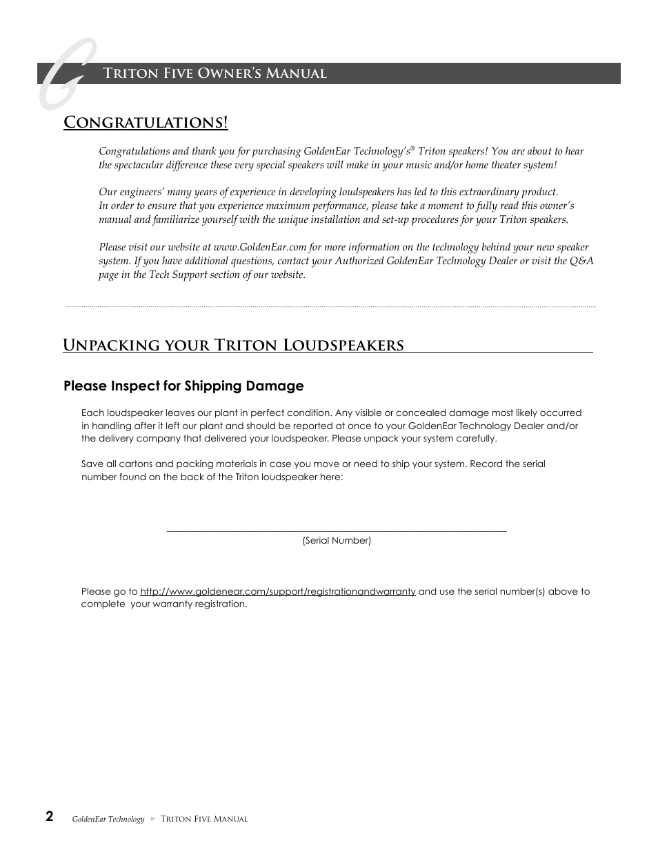 Unpacking your triton loudspeakers | GoldenEar Triton Five User Manual | Page 2 / 12