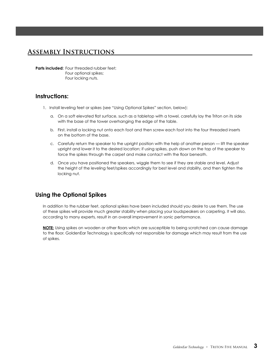 Assembly instructions, Instructions, Using the optional spikes | GoldenEar Triton Five User Manual | Page 3 / 12