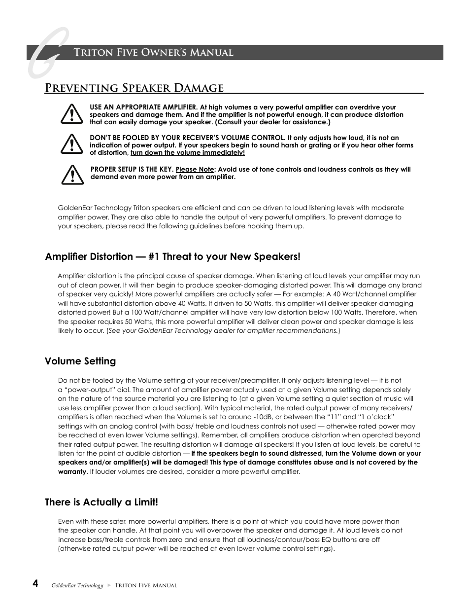 Preventing speaker damage, Triton five owner’s manual, Volume setting | There is actually a limit | GoldenEar Triton Five User Manual | Page 4 / 12