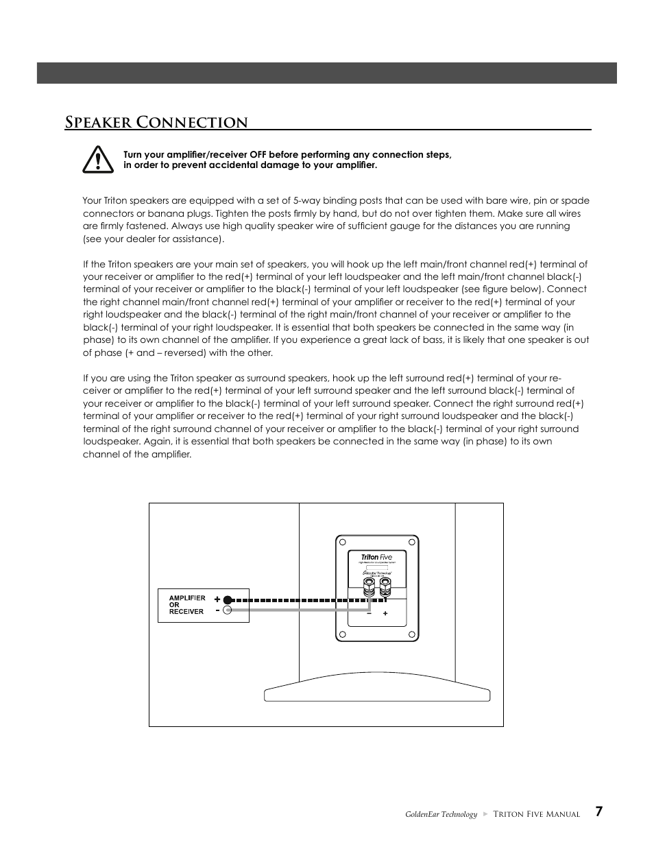 Speaker connection | GoldenEar Triton Five User Manual | Page 7 / 12