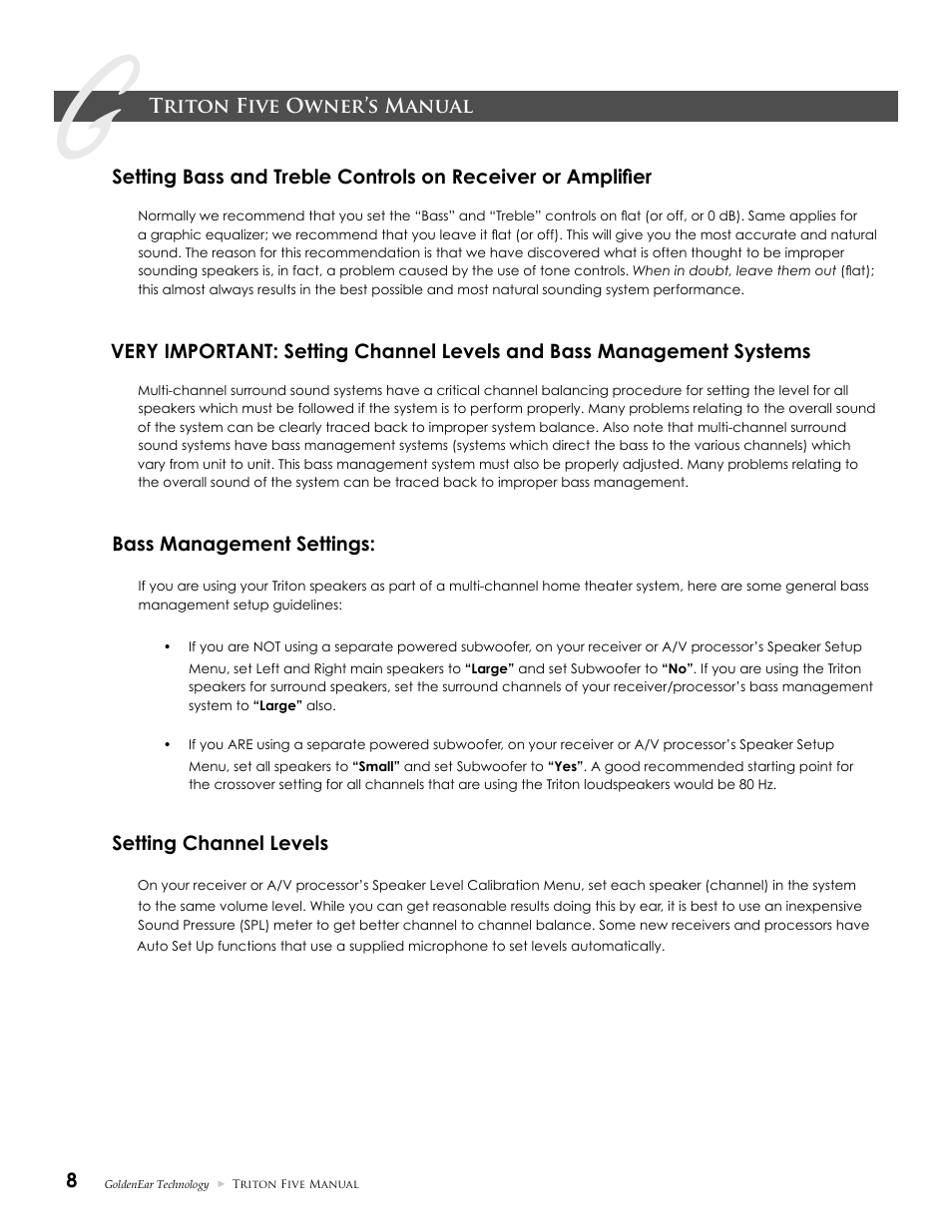 Triton five owner’s manual, Bass management settings, Setting channel levels | GoldenEar Triton Five User Manual | Page 8 / 12