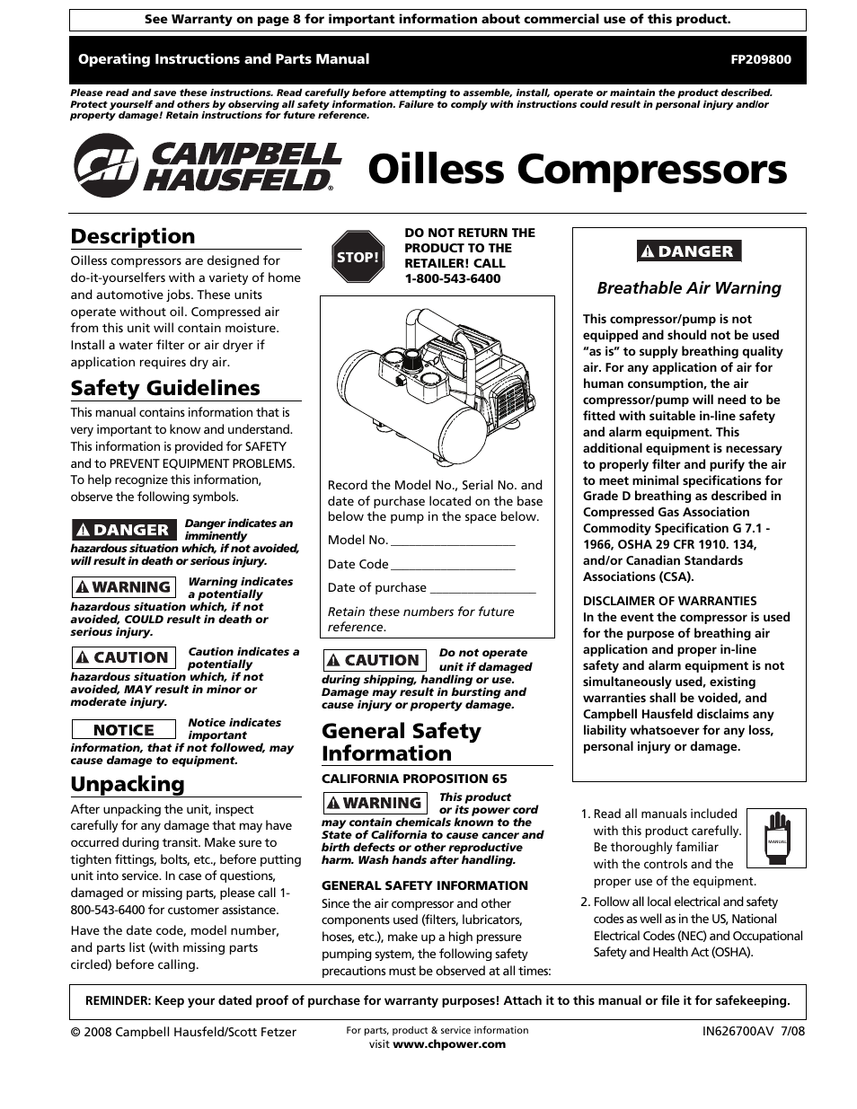 Campbell Hausfeld Oilless Compressors FP209002L User Manual | 24 pages