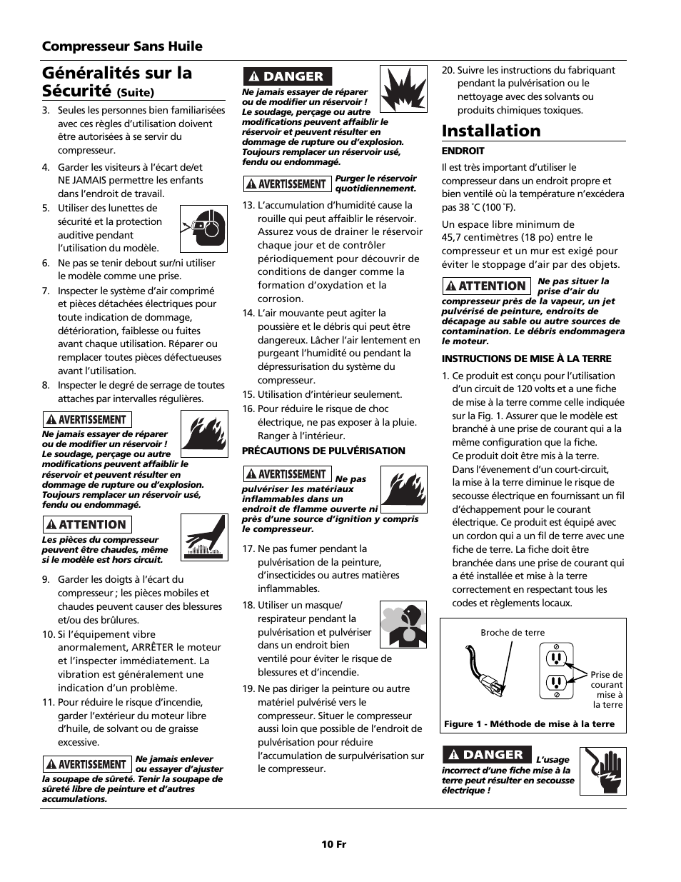 Généralités sur la sécurité, Installation, Compresseur sans huile | Campbell Hausfeld Oilless Compressors FP209002L User Manual | Page 10 / 24