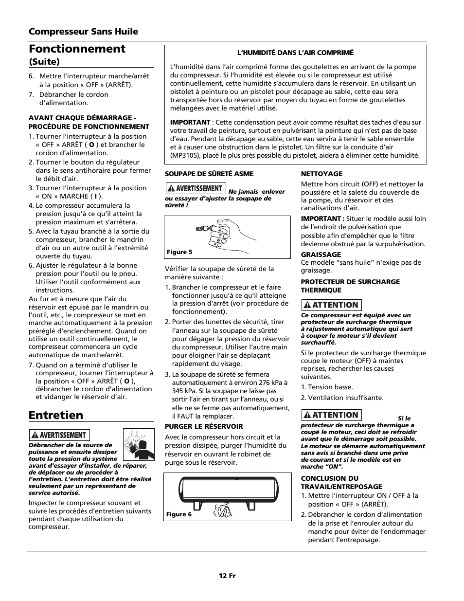 Entretien, Fonctionnement, Compresseur sans huile | Suite) | Campbell Hausfeld Oilless Compressors FP209002L User Manual | Page 12 / 24