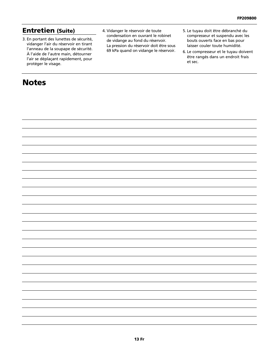 Entretien | Campbell Hausfeld Oilless Compressors FP209002L User Manual | Page 13 / 24