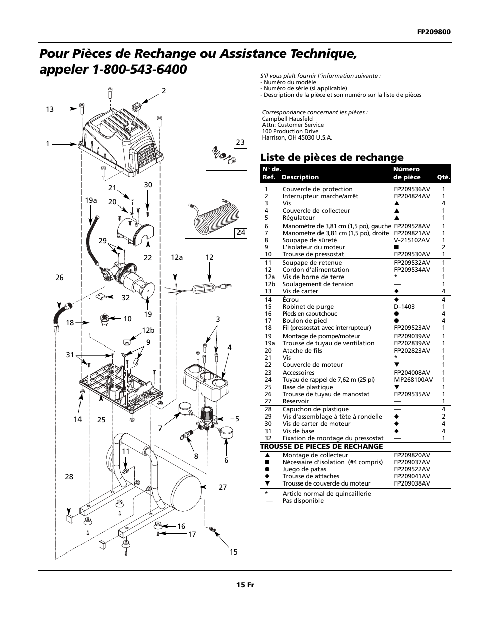 Liste de pièces de rechange | Campbell Hausfeld Oilless Compressors FP209002L User Manual | Page 15 / 24