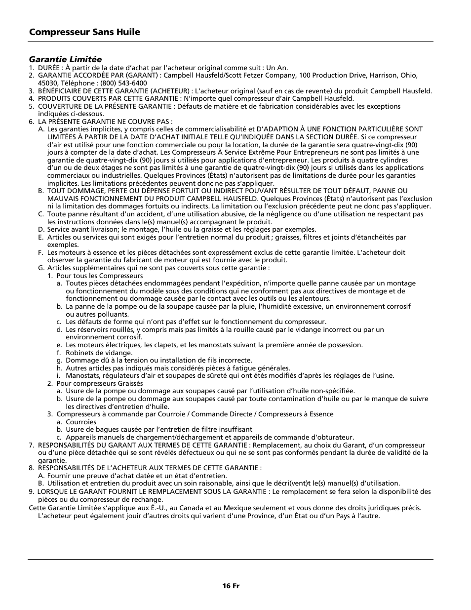 Compresseur sans huile | Campbell Hausfeld Oilless Compressors FP209002L User Manual | Page 16 / 24