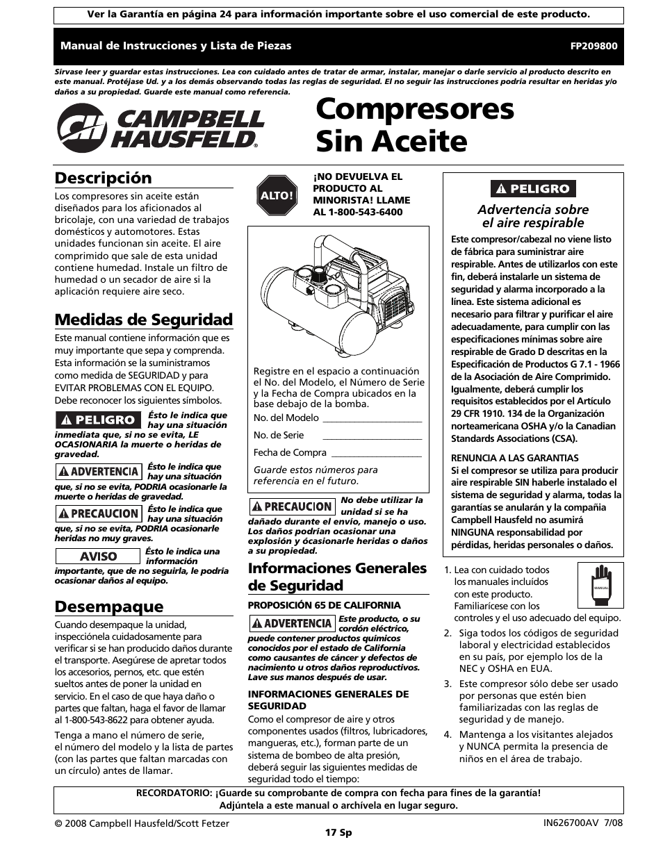 Compresores sin aceite, Descripción, Medidas de seguridad | Desempaque, Informaciones generales de seguridad | Campbell Hausfeld Oilless Compressors FP209002L User Manual | Page 17 / 24