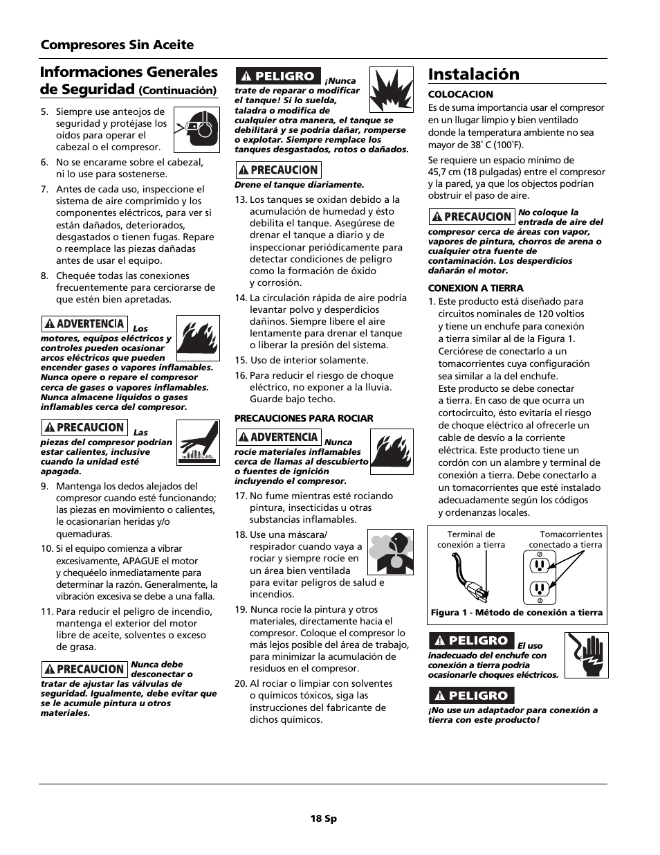 Instalación, Informaciones generales de seguridad, Compresores sin aceite | Campbell Hausfeld Oilless Compressors FP209002L User Manual | Page 18 / 24