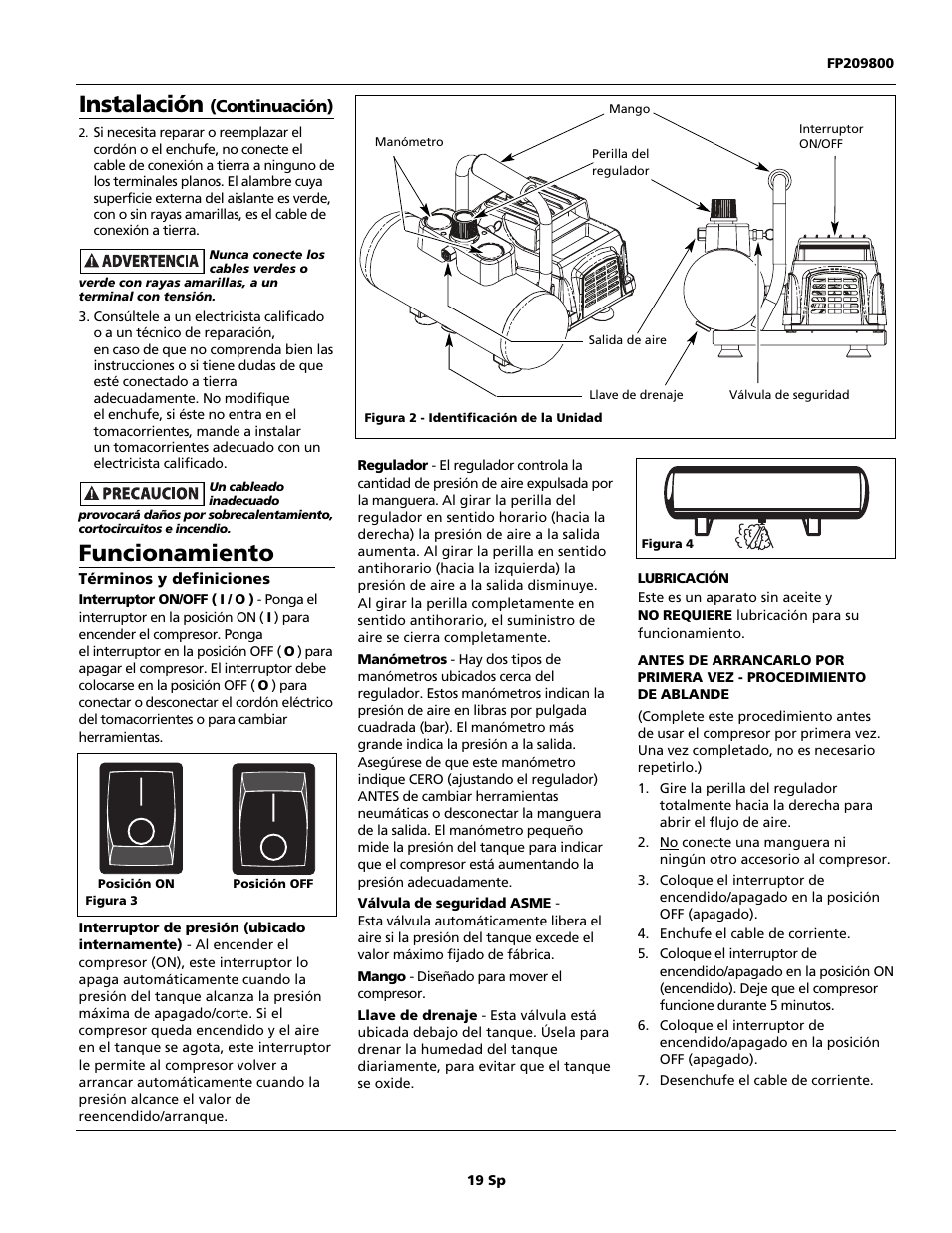 Funcionamiento, Instalación | Campbell Hausfeld Oilless Compressors FP209002L User Manual | Page 19 / 24