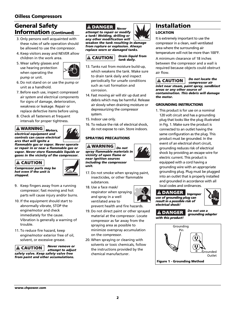 General safety information, Installation, Oilless compressors | Campbell Hausfeld Oilless Compressors FP209002L User Manual | Page 2 / 24