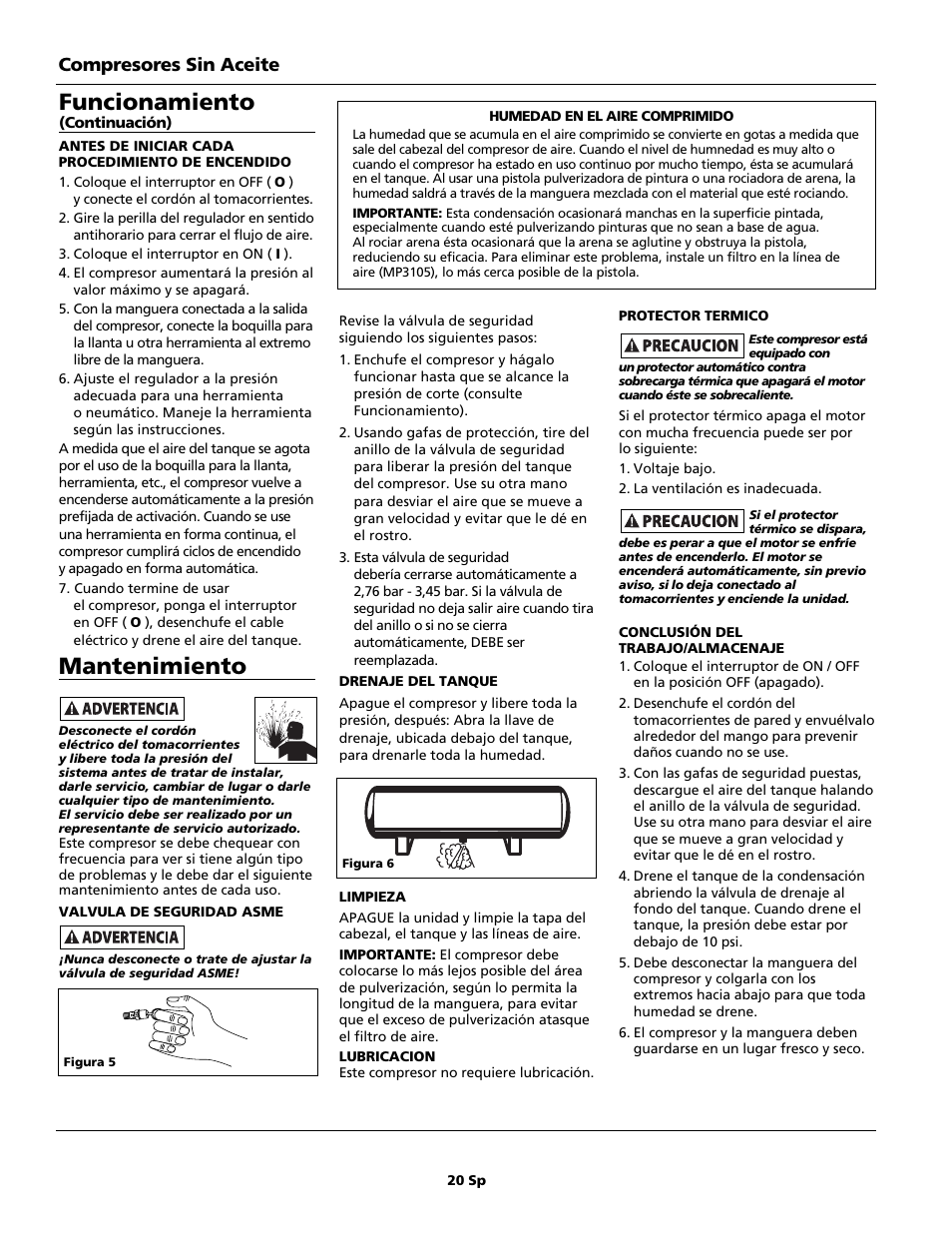 Mantenimiento, Funcionamiento, Compresores sin aceite | Campbell Hausfeld Oilless Compressors FP209002L User Manual | Page 20 / 24