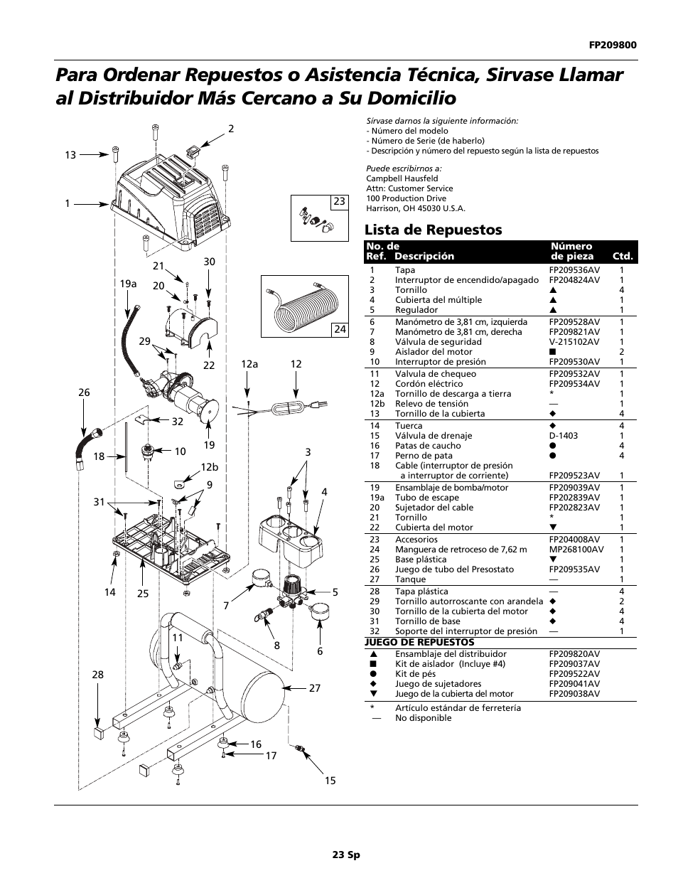 Lista de repuestos | Campbell Hausfeld Oilless Compressors FP209002L User Manual | Page 23 / 24