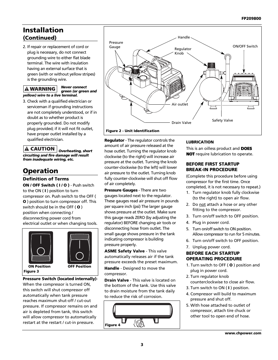 Operation, Installation, Continued) | Campbell Hausfeld Oilless Compressors FP209002L User Manual | Page 3 / 24