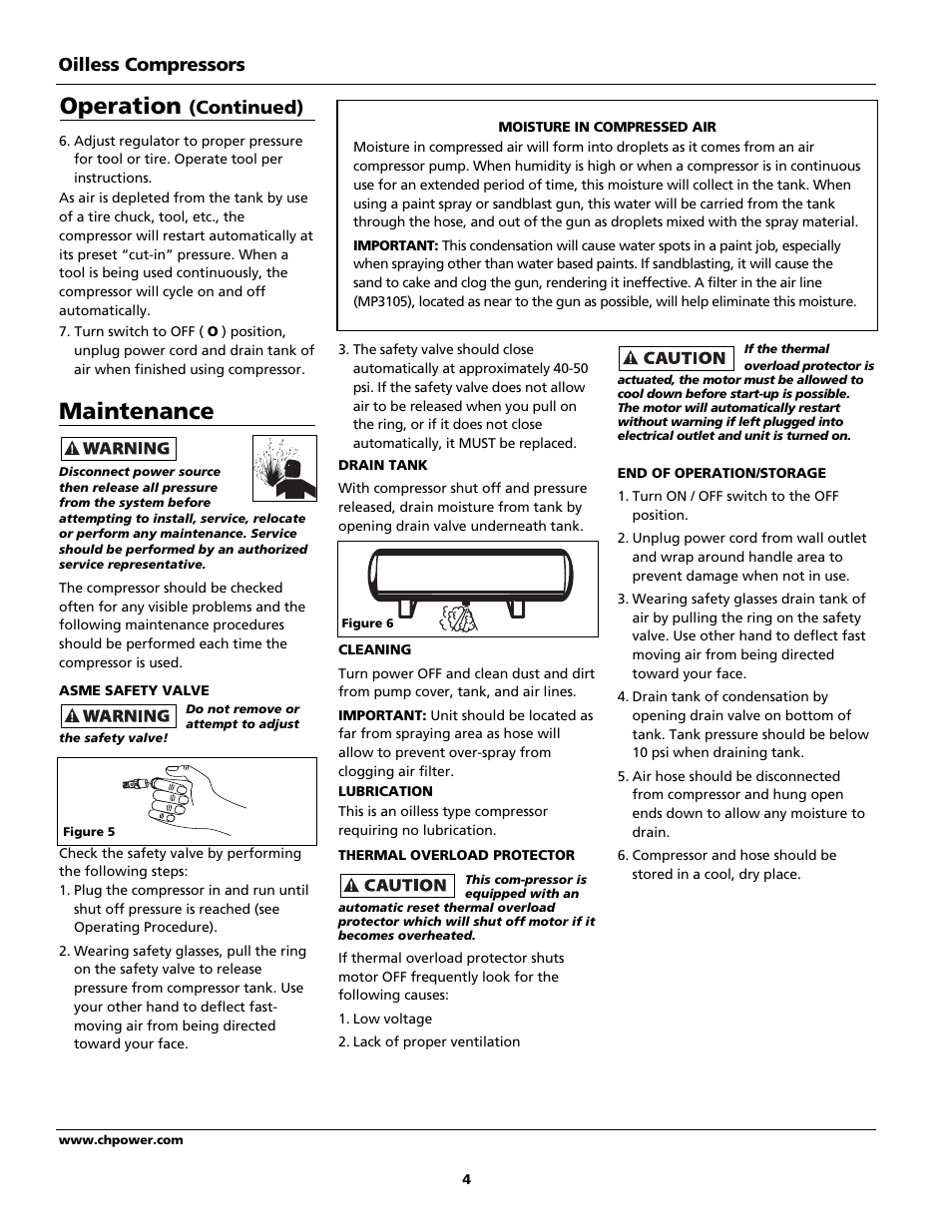 Maintenance, Operation, Oilless compressors | Continued) | Campbell Hausfeld Oilless Compressors FP209002L User Manual | Page 4 / 24