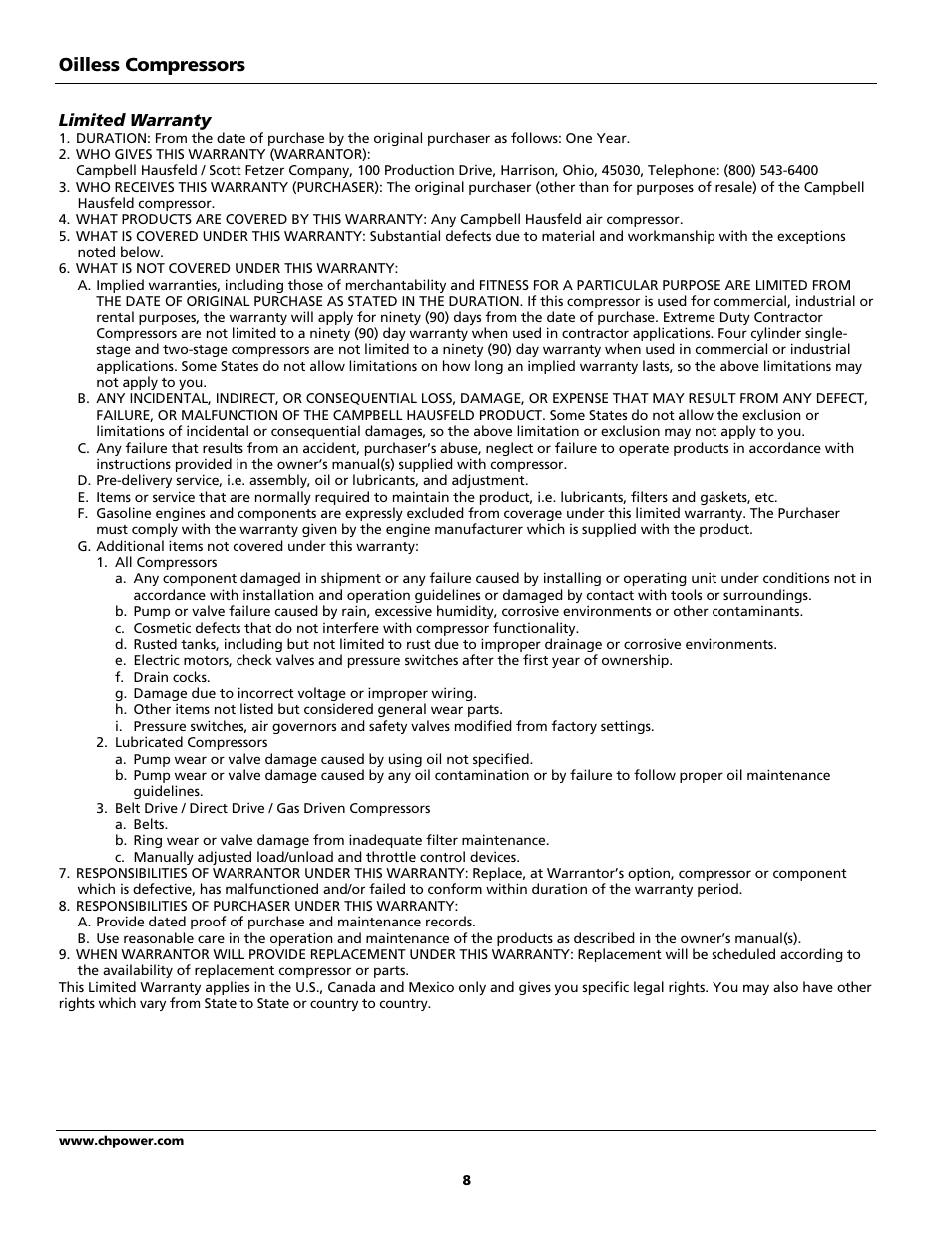 Oilless compressors | Campbell Hausfeld Oilless Compressors FP209002L User Manual | Page 8 / 24