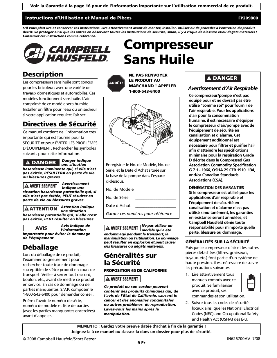 Compresseur sans huile, Généralités sur la sécurité, Description | Directives de sécurité, Déballage | Campbell Hausfeld Oilless Compressors FP209002L User Manual | Page 9 / 24