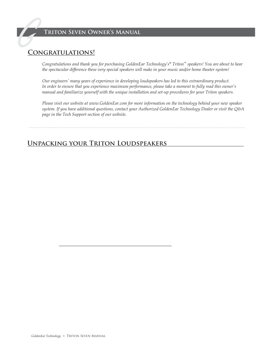 Unpacking your triton loudspeakers, Triton seven owner’s manual, Please inspect for shipping damage | GoldenEar Triton Seven User Manual | Page 2 / 12