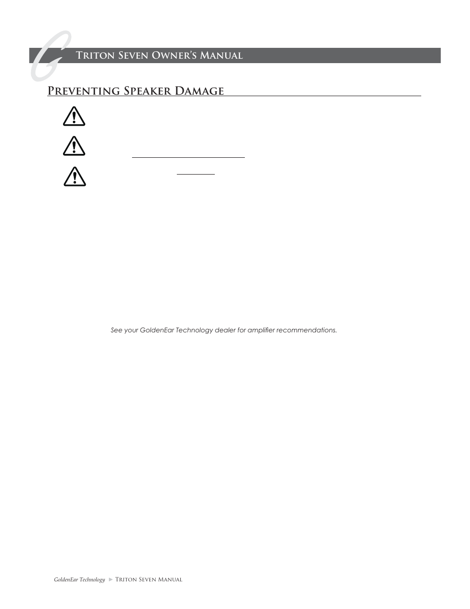 Preventing speaker damage, Triton seven owner’s manual, Volume setting | There is actually a limit | GoldenEar Triton Seven User Manual | Page 4 / 12
