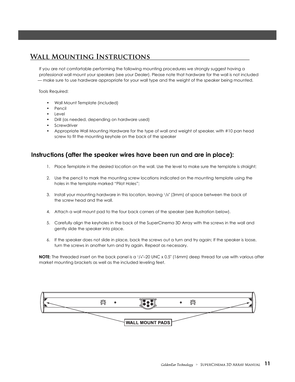 Wall mounting instructions | GoldenEar SuperCinema 3D Array X and XL User Manual | Page 11 / 16