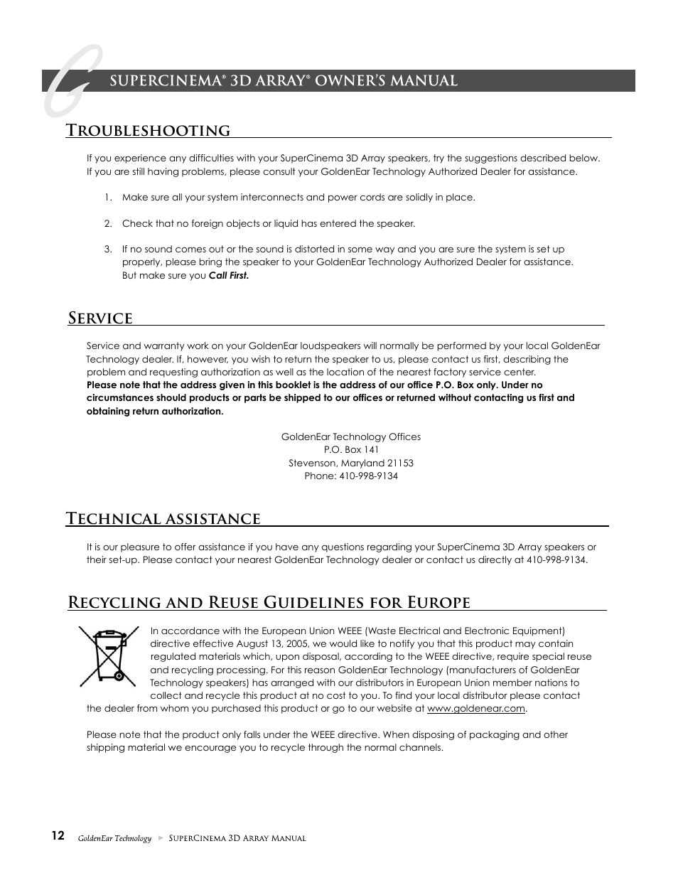 Troubleshooting, Service, Technical assistance | Recycling and reuse guidelines for europe | GoldenEar SuperCinema 3D Array X and XL User Manual | Page 12 / 16