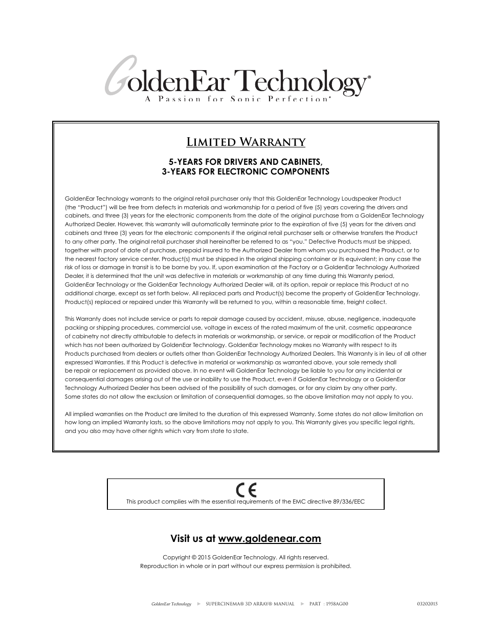 Limited warranty | GoldenEar SuperCinema 3D Array X and XL User Manual | Page 16 / 16