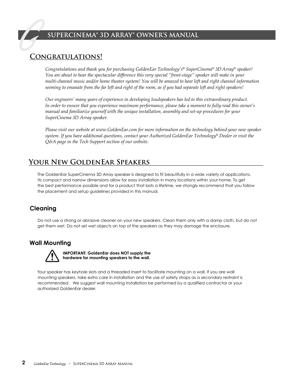 Your new goldenear speakers, Cleaning, Wall mounting | GoldenEar SuperCinema 3D Array X and XL User Manual | Page 2 / 16