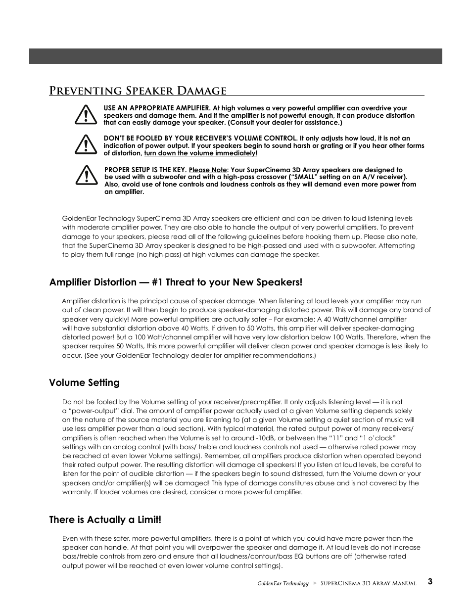 Preventing speaker damage, Volume setting, There is actually a limit | GoldenEar SuperCinema 3D Array X and XL User Manual | Page 3 / 16