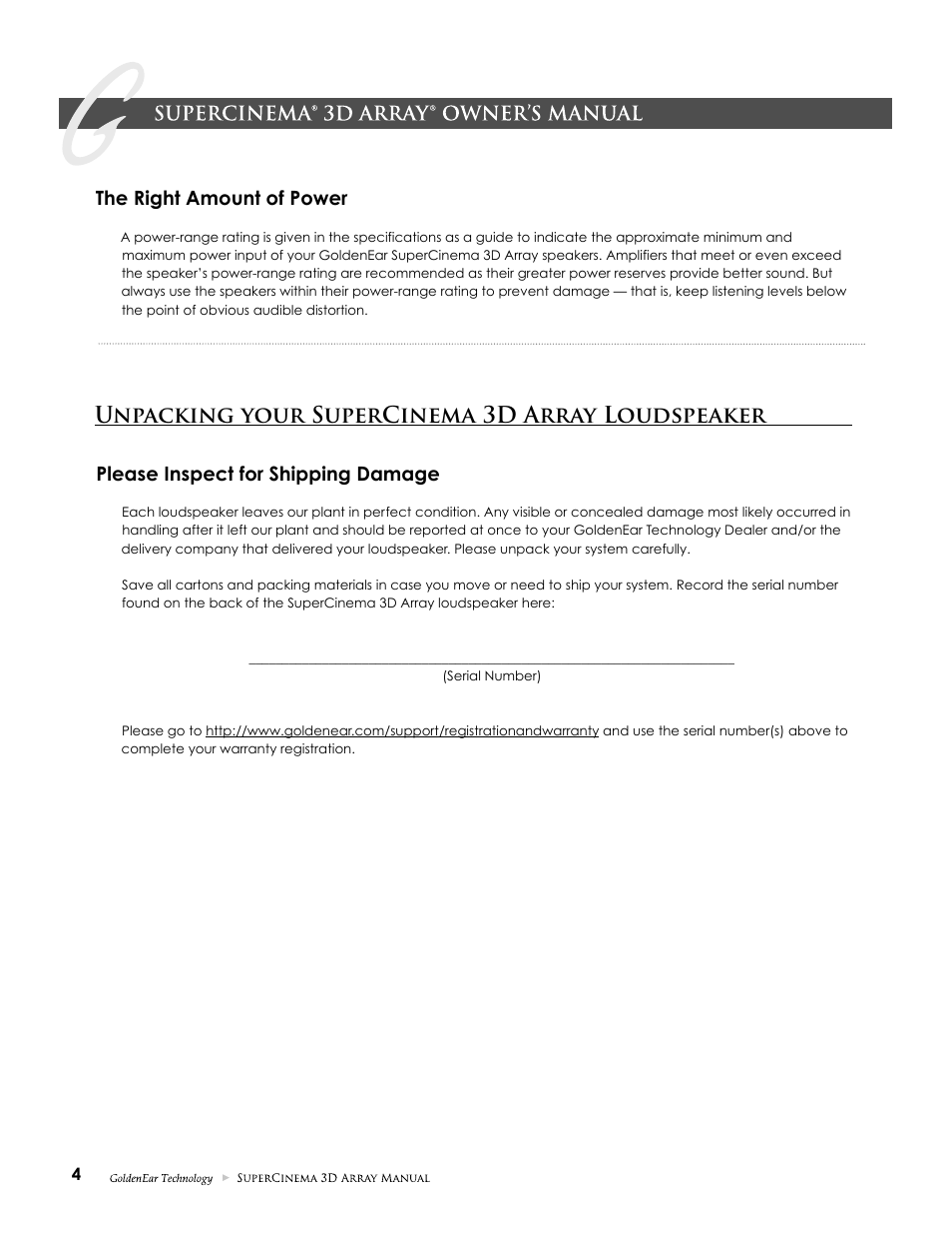 Unpacking your supercinema 3d array loudspeaker, The right amount of power, Please inspect for shipping damage | GoldenEar SuperCinema 3D Array X and XL User Manual | Page 4 / 16