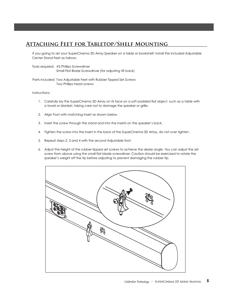 Attaching feet for tabletop/shelf mounting | GoldenEar SuperCinema 3D Array X and XL User Manual | Page 5 / 16