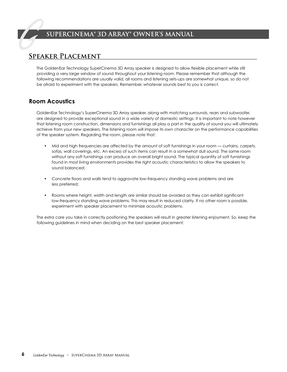 Speaker placement, Room acoustics | GoldenEar SuperCinema 3D Array X and XL User Manual | Page 6 / 16