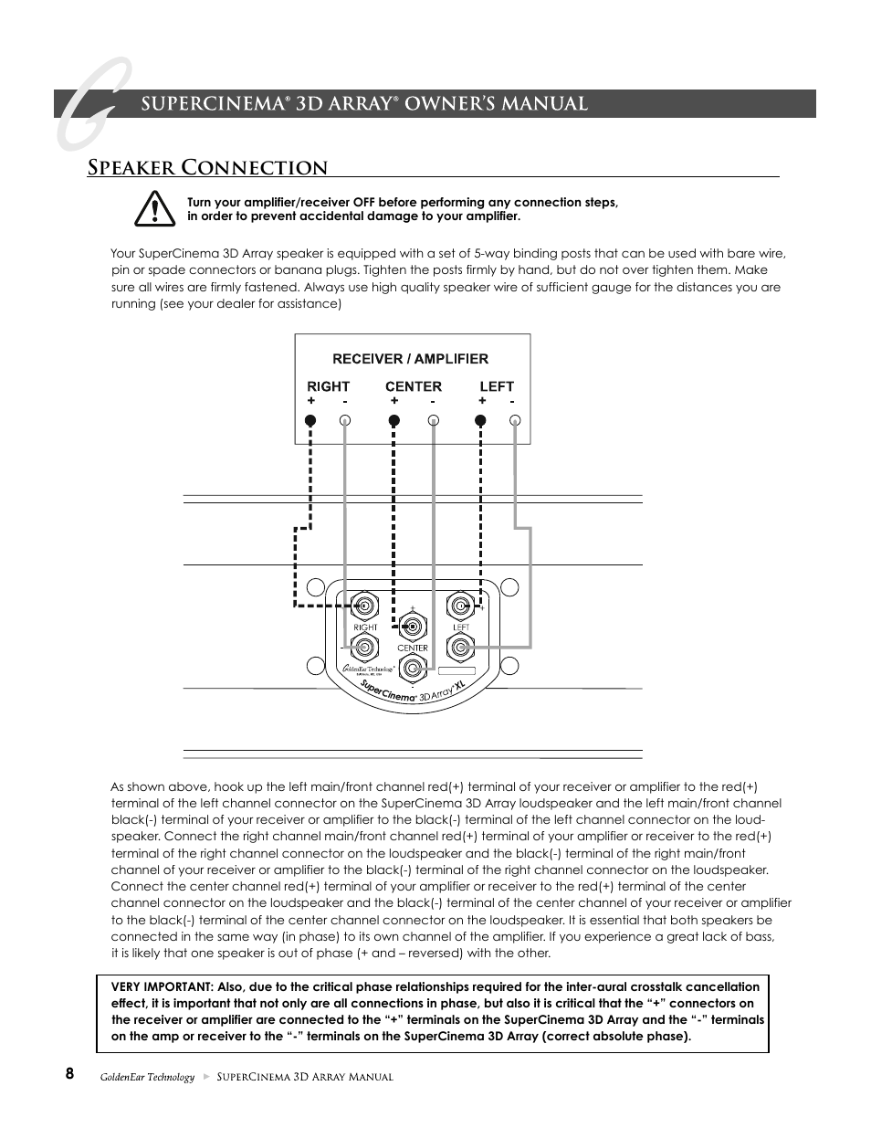 Speaker connection | GoldenEar SuperCinema 3D Array X and XL User Manual | Page 8 / 16