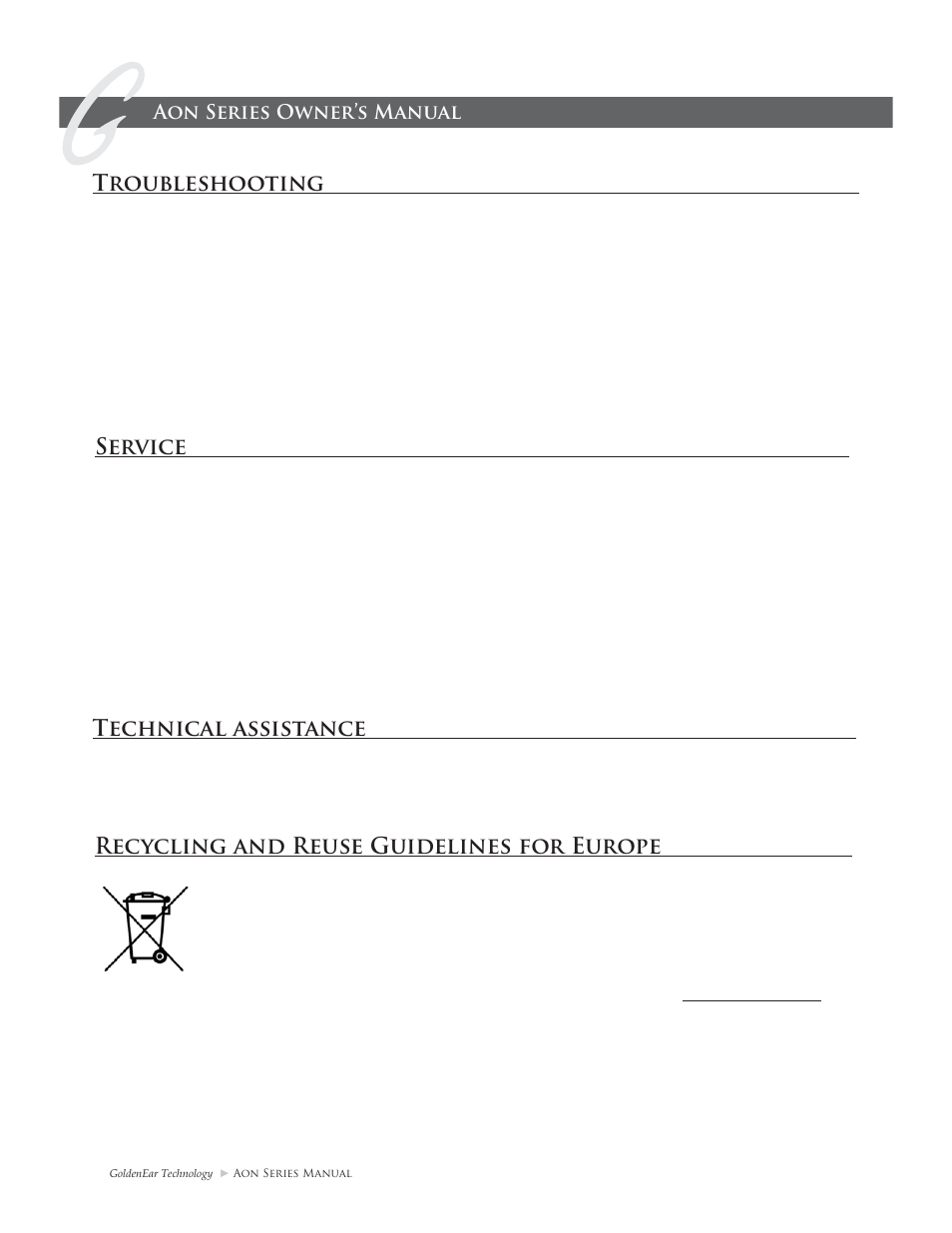 Troubleshooting, Service, Technical assistance | Recycling and reuse guidelines for europe | GoldenEar Aon Series User Manual | Page 10 / 12