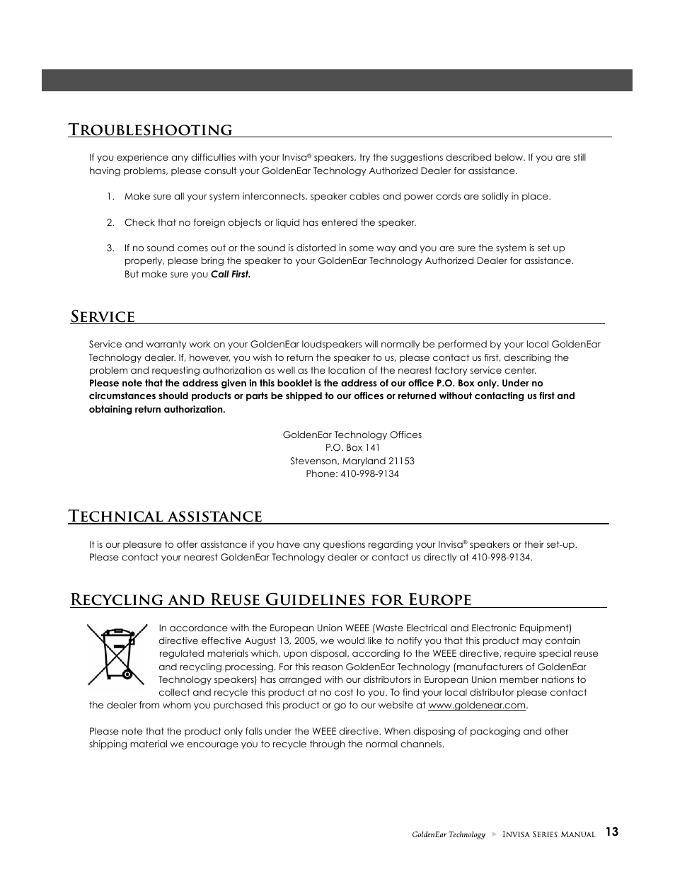 Troubleshooting, Service, Technical assistance | Recycling and reuse guidelines for europe | GoldenEar Invisa 650 User Manual | Page 13 / 16