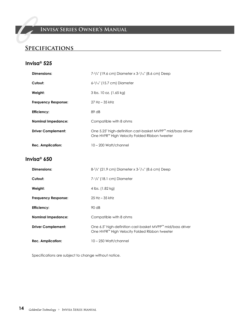 Specifications, Invisa® series owner’s manual, Invisa | GoldenEar Invisa 650 User Manual | Page 14 / 16