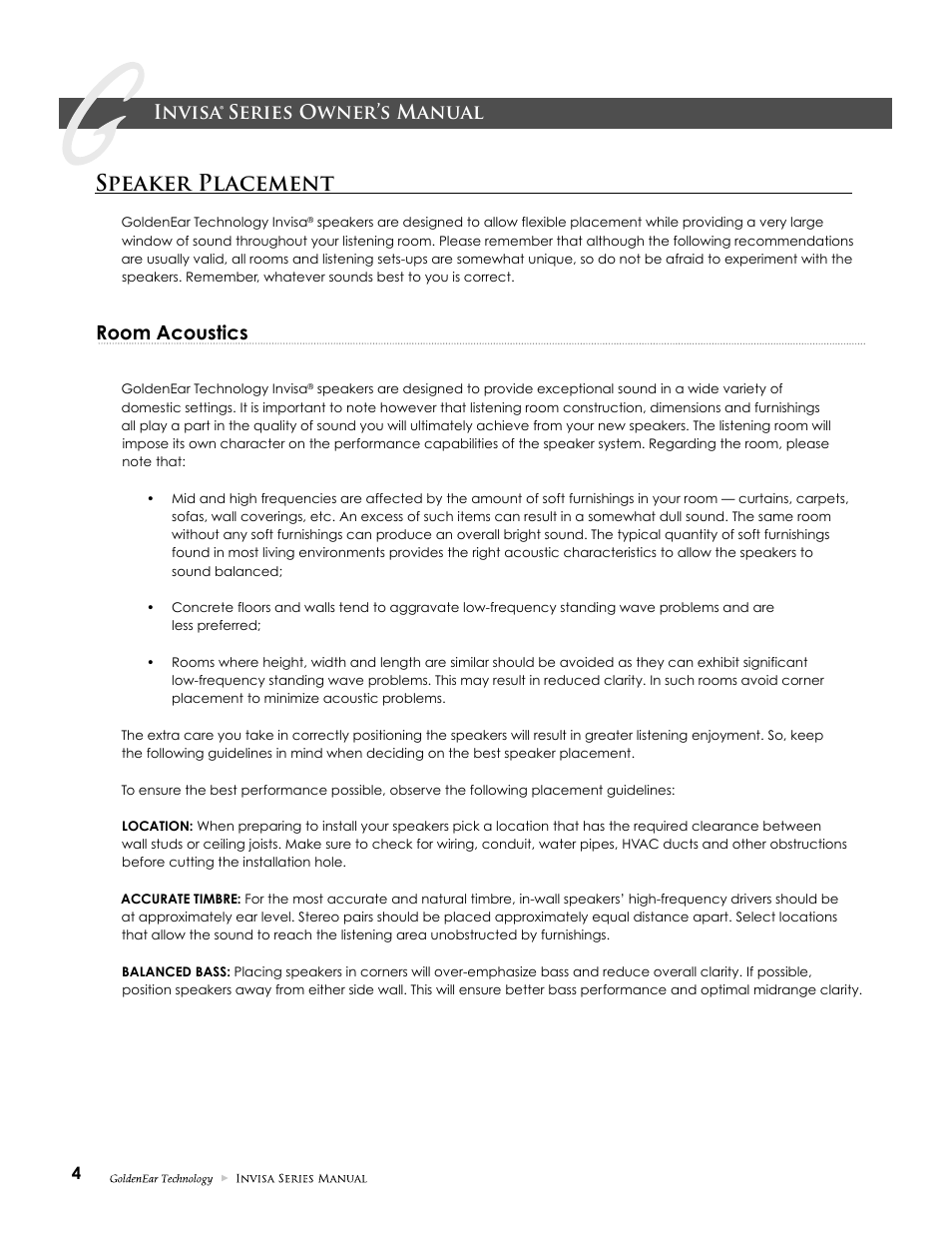 Speaker placement, Invisa® series owner’s manual, Room acoustics | GoldenEar Invisa 650 User Manual | Page 4 / 16