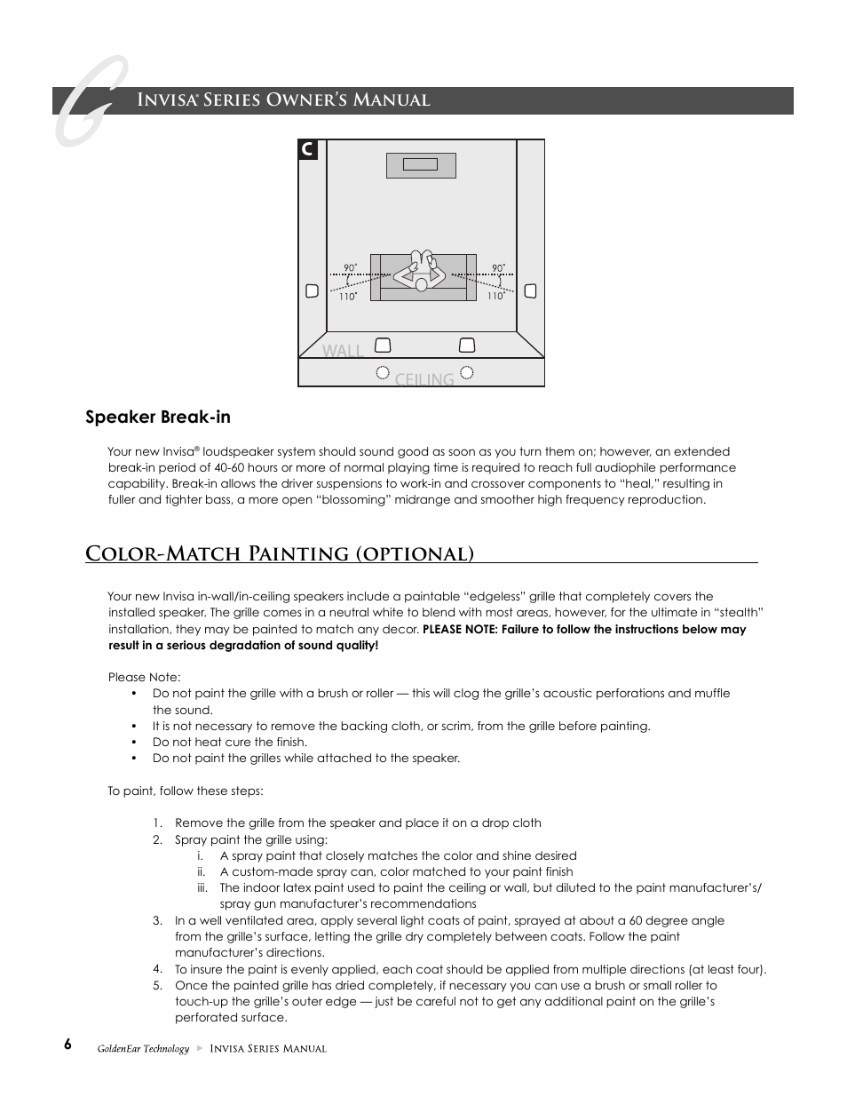 Color-match painting (optional), Invisa® series owner’s manual speaker break-in | GoldenEar Invisa 650 User Manual | Page 6 / 16