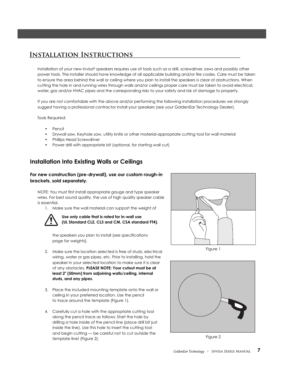 Installation instructions, Installation into existing walls or ceilings | GoldenEar Invisa 650 User Manual | Page 7 / 16