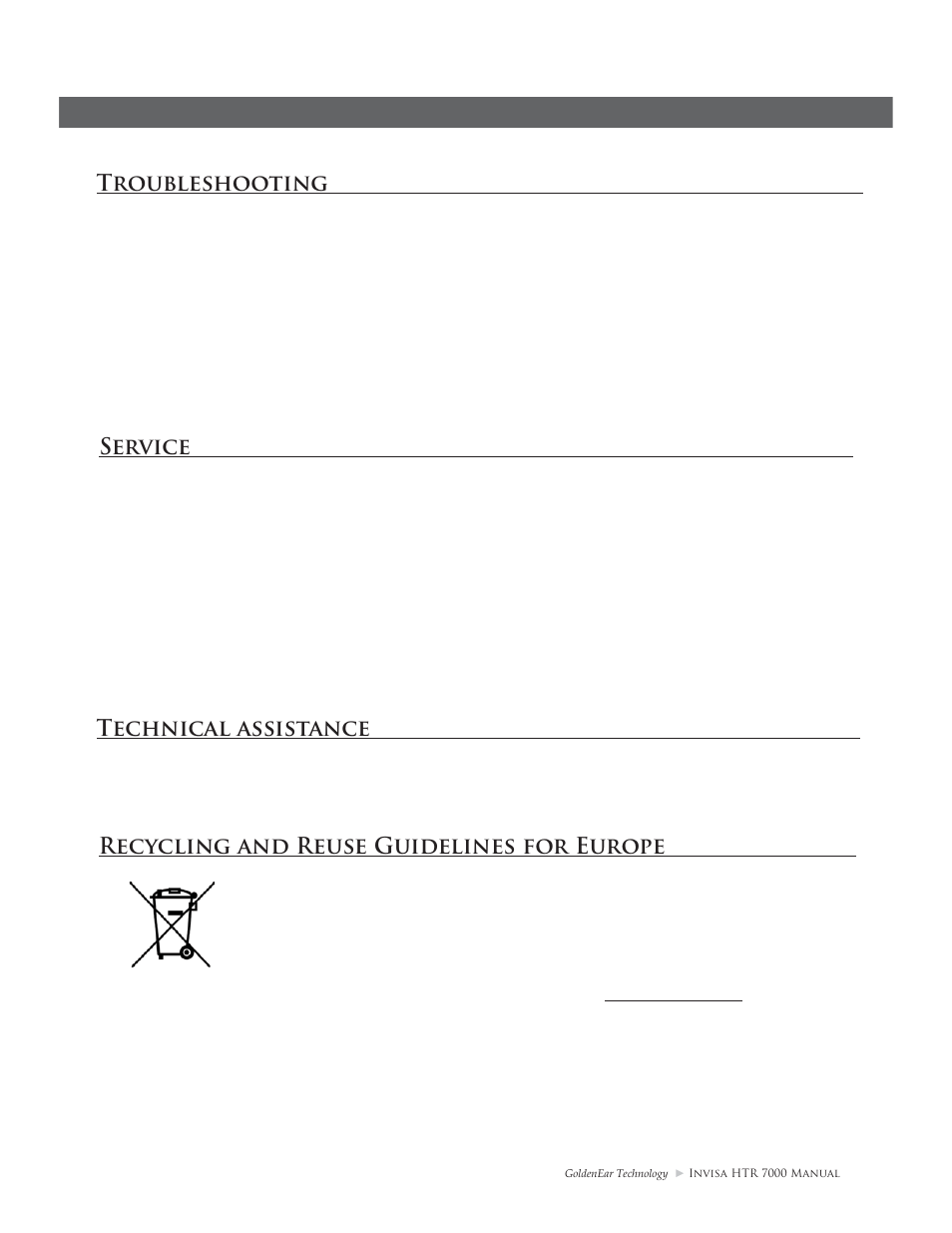 Troubleshooting, Service, Technical assistance | Recycling and reuse guidelines for europe | GoldenEar Invisa HTR 7000 User Manual | Page 13 / 16