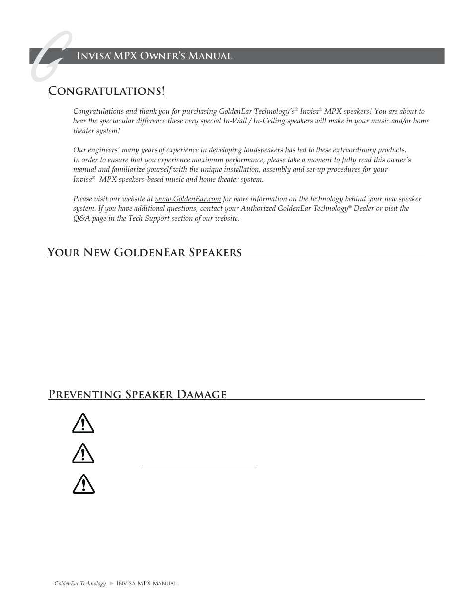 Your new goldenear speakers, Preventing speaker damage, Invisa® mpx owner’s manual | Cleaning | GoldenEar Invisa MPX User Manual | Page 2 / 16