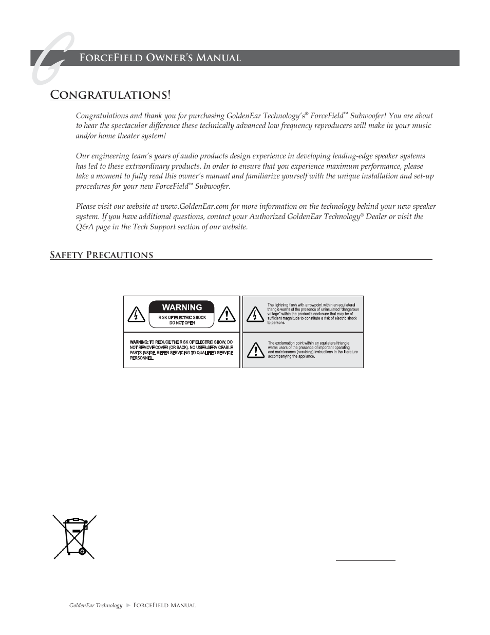 Forcefield owner’s manual, Safety precautions | GoldenEar ForceField Subwoofers User Manual | Page 2 / 16