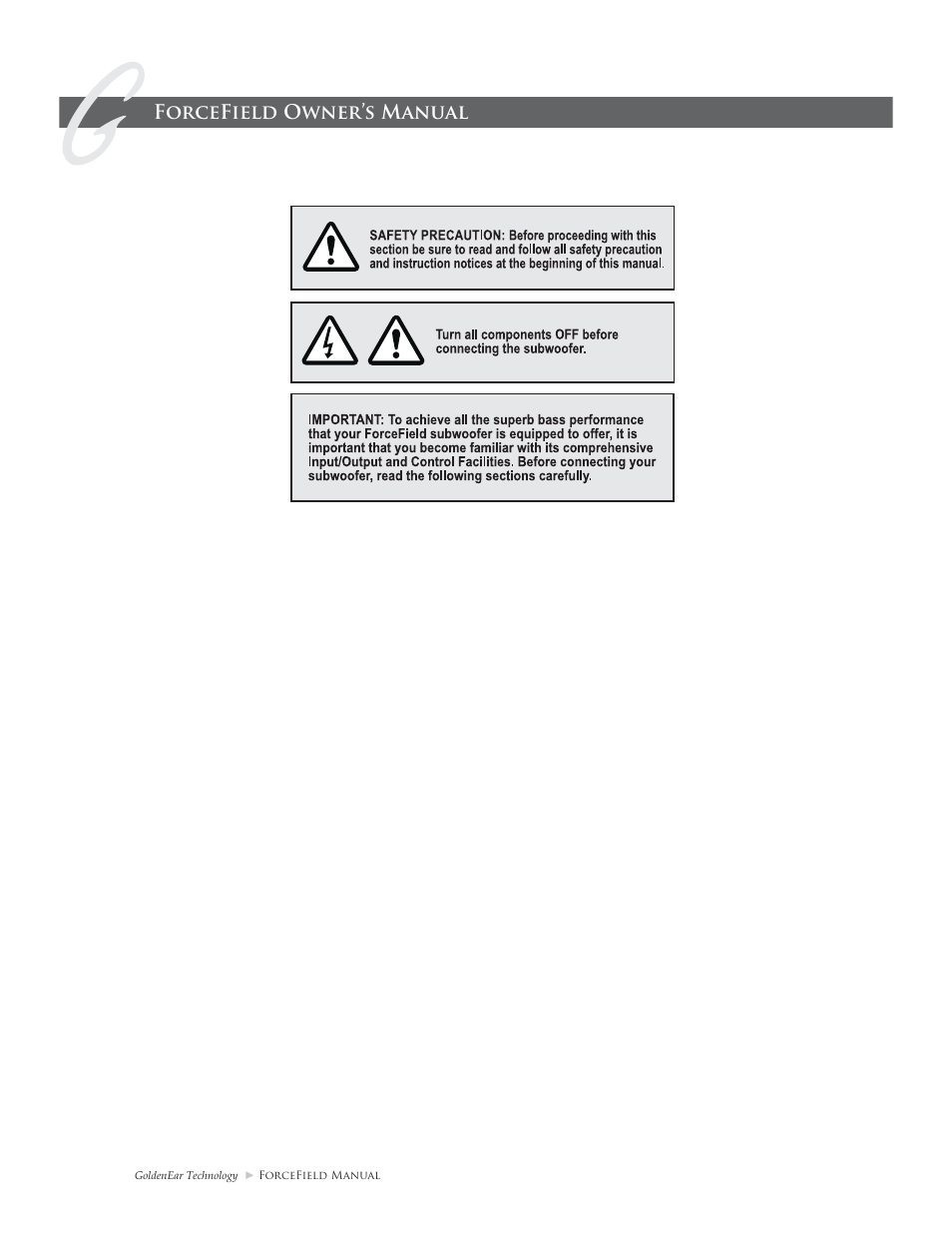 Forcefield owner’s manual subwoofer connection | GoldenEar ForceField Subwoofers User Manual | Page 8 / 16