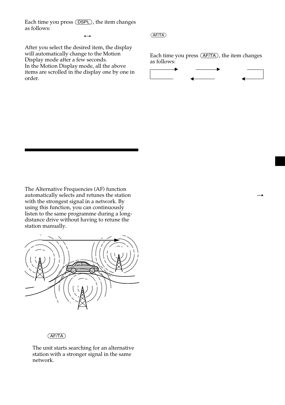 Retuning the same programme automatically, Alternative frequencies (af) | Sony CDX-2500R User Manual | Page 11 / 120