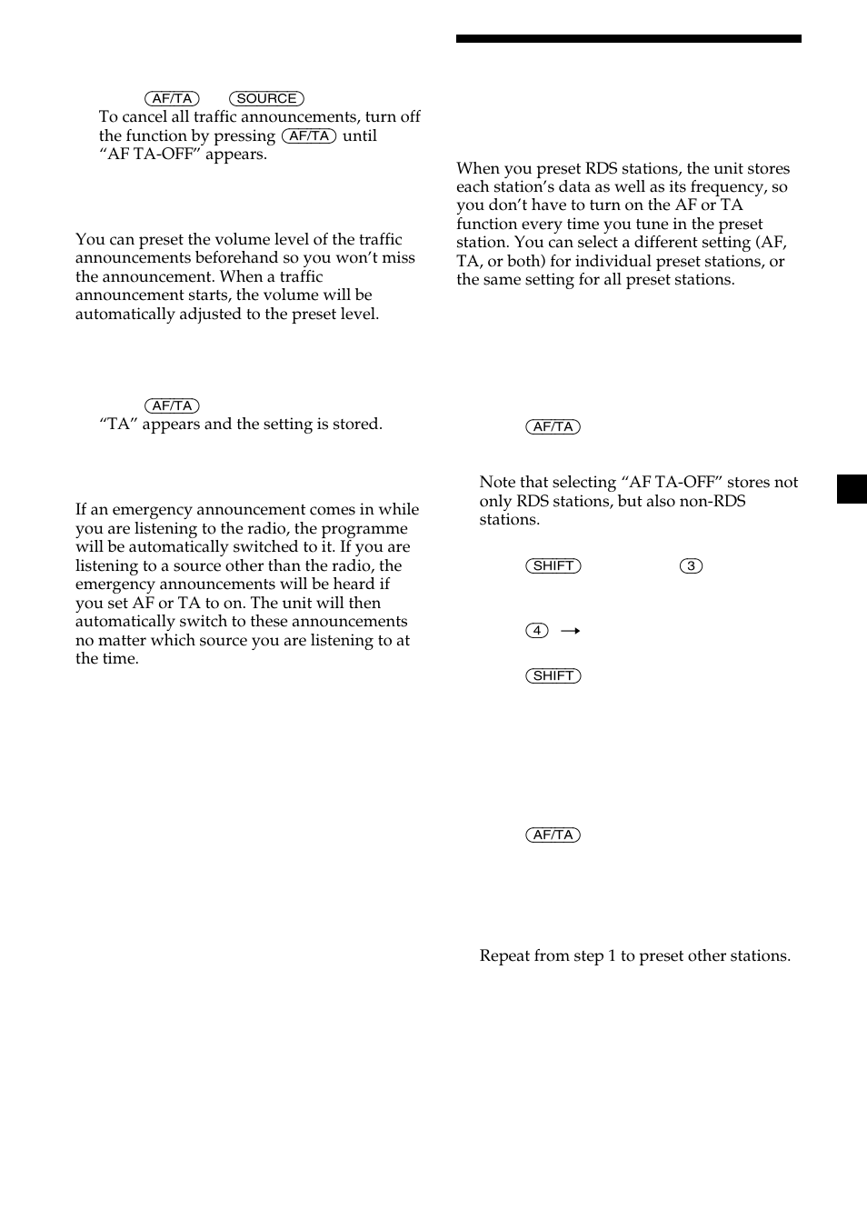Presetting the rds stations with the af and, Ta data | Sony CDX-2500R User Manual | Page 13 / 120