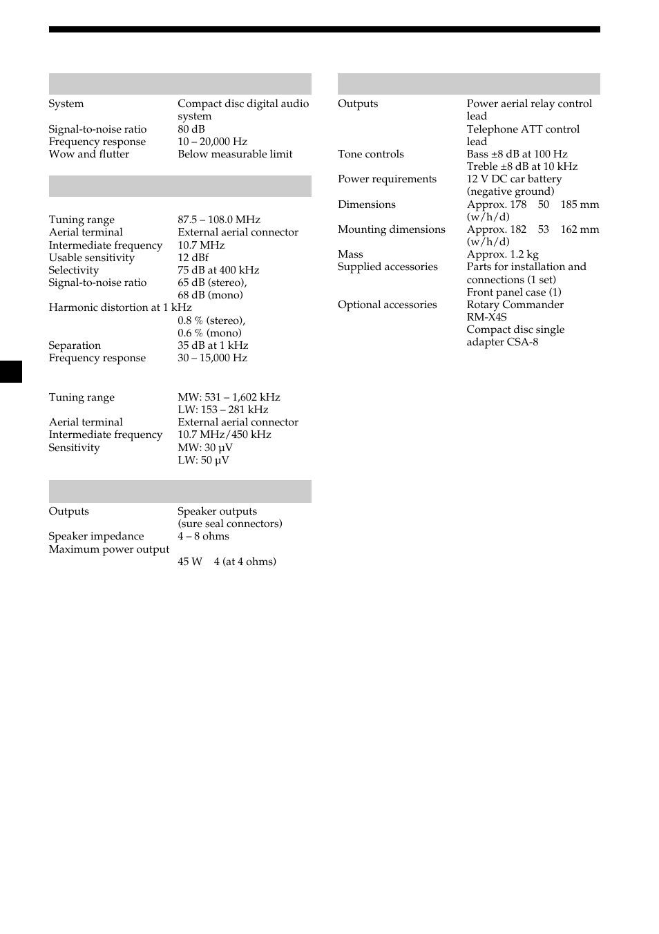 Specifications, 22 specifications, General | Sony CDX-2500R User Manual | Page 22 / 120