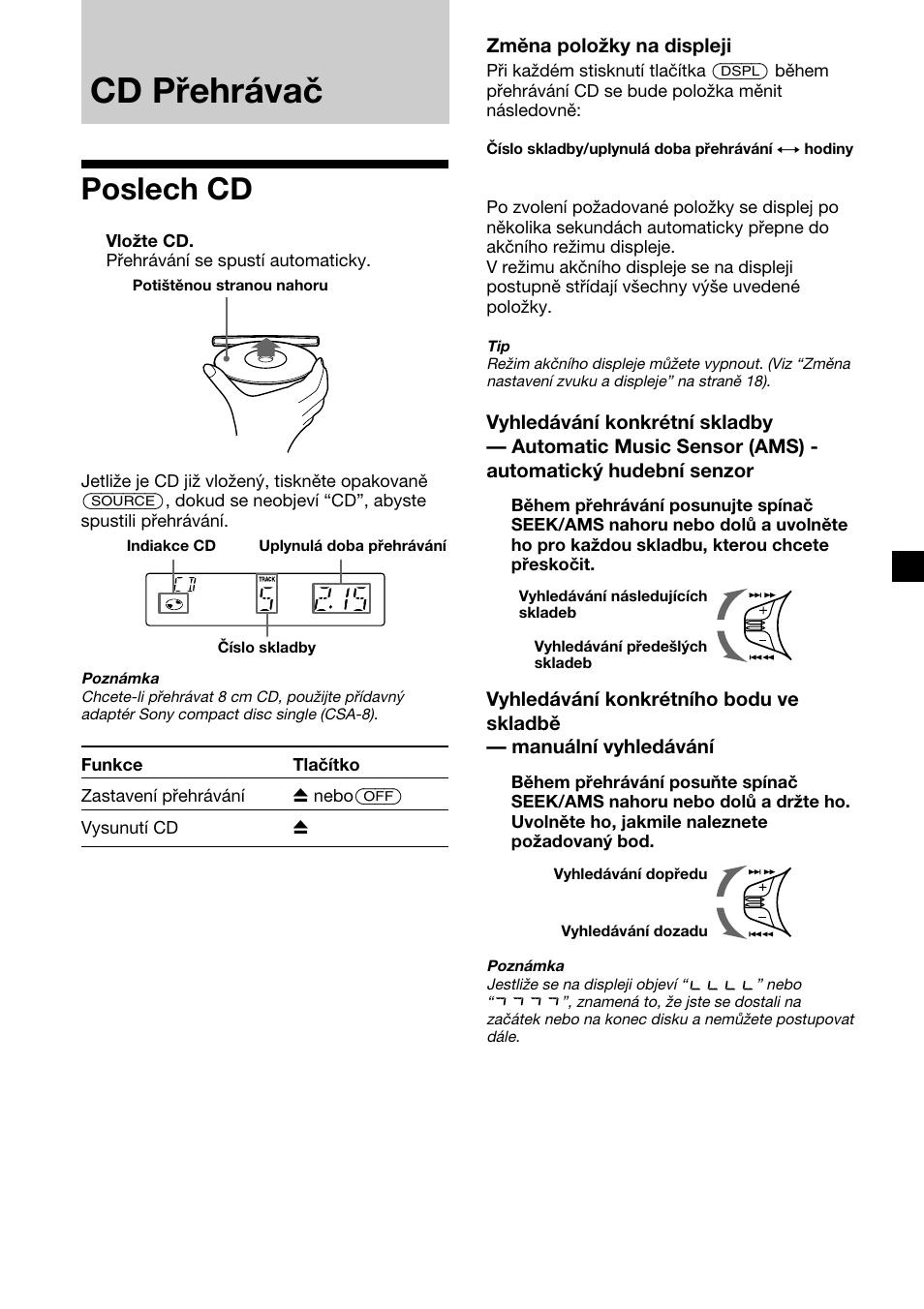 Cd p¯ehr·vaë, Poslech cd, Cd přehrávač | Sony CDX-2500R User Manual | Page 31 / 120