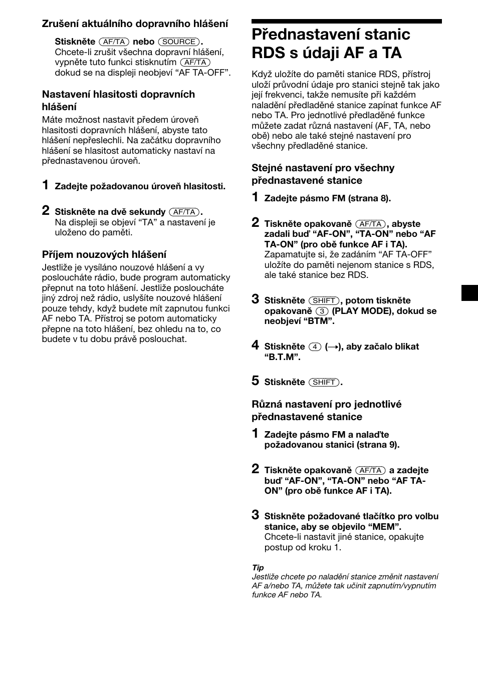 P¯ednastavenì stanic rds s ˙daji af a ta, Přednastavení stanic rds s údaji af a ta | Sony CDX-2500R User Manual | Page 37 / 120