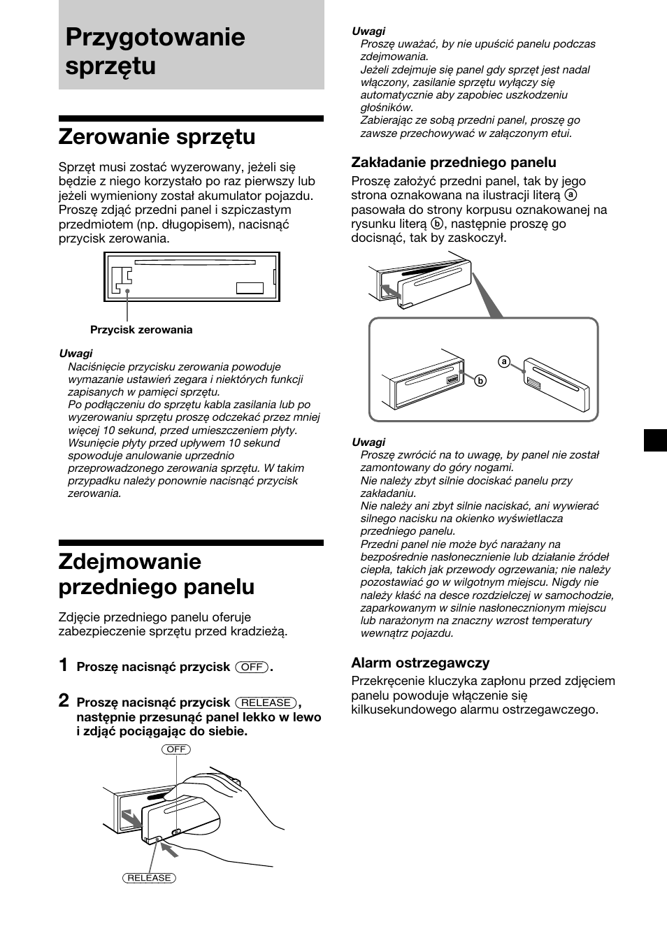 Przygotowanie sprzítu, Zerowanie sprzítu, Zdejmowanie przedniego panelu | Zerowanie sprzętu zdejmowanie przedniego panelu, Przygotowanie sprzętu, Zerowanie sprzętu | Sony CDX-2500R User Manual | Page 53 / 120