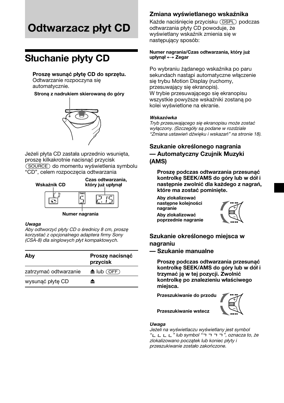 Odtwarzacz p yt cd, S uchanie p yty cd, Słuchanie płyty cd | Odtwarzacz płyt cd | Sony CDX-2500R User Manual | Page 55 / 120